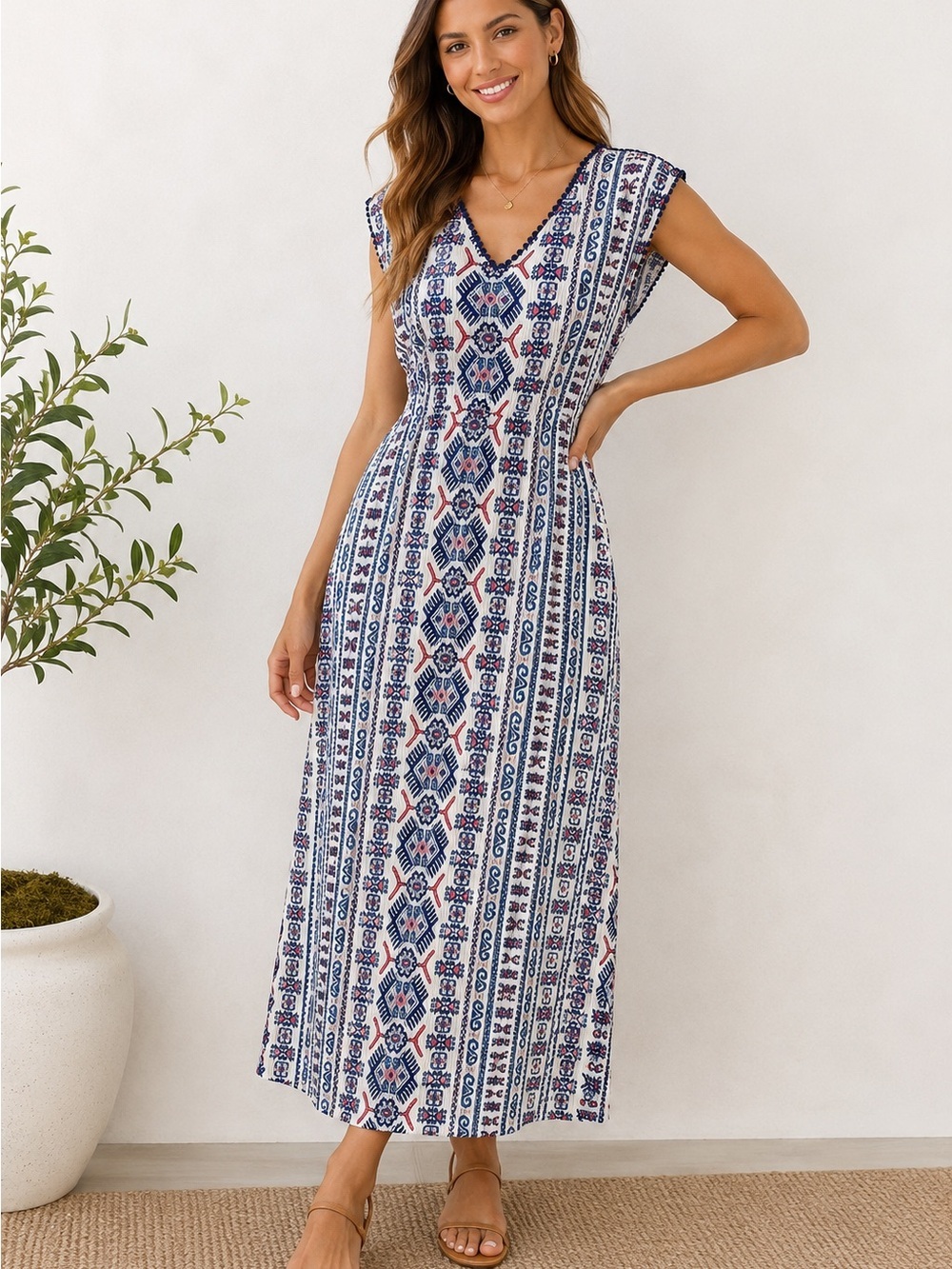 Xhilaration White Maxi Dress with Navy and Pink Geometric Print